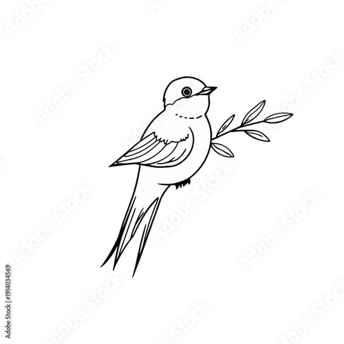 Simple Bird Perched on Branch Drawing