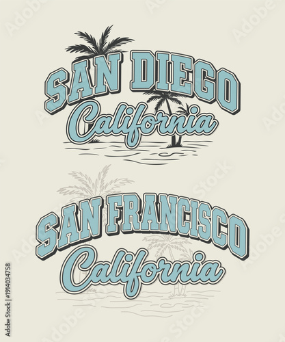 Vintage San Diego San Francisco California Coastal Illustration - Retro West Coast Travel Graphic with Tropical Palm Trees and Ocean Waves - Classic Surf City Souvenir Apparel T-Shirt Design Art