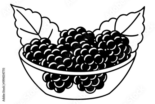 A simple black and white illustration of a bowl filled with blackberries and leaves