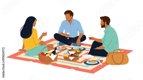 Group of three friends enjoys a relaxing outdoor picnic sitting on a patterned blanket with food baskets and glasses of wine.