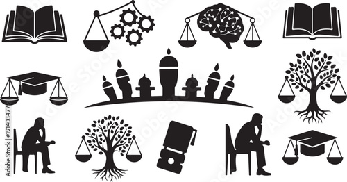 Education and knowledge icons in black and white style