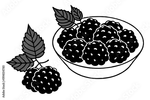 A black and white vector illustration of a bowl of blackberries with leaves and a single blackberry branch