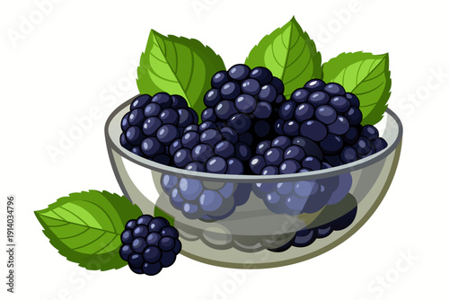 A vector graphic illustration of a bowl of blackberries with green leaves on a white background