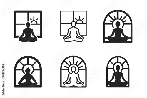 Yoga Pose Logos. A person performing yoga poses in front of a window with a beautiful view. Icon set. Set Logo of yoga scene: calm yoga posture by sunrise