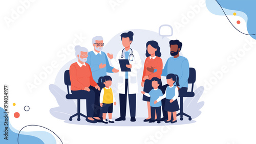 Dedicated doctor stands with a large diverse family of different ages to discuss general wellness and preventive healthcare plans.