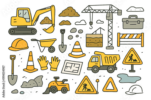 Construction Site Doodles. Construction equipment. Hand-drawn doodle illustration excavator (colored), dirt pile (colored), construction site (colored), bucket