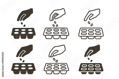 Seed Planting Logos. Planting seeds. Icon set. Set Logo of Planting seeds: germination tray with cells. harmonious logo variations of the same emblematic