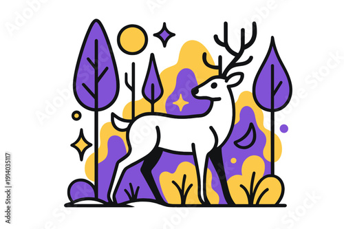 Geometric Deer in Forest. Silent Forest. Deer standing among tall trees with floating abstract geometric shapes and soft glowing accents, quiet and serene