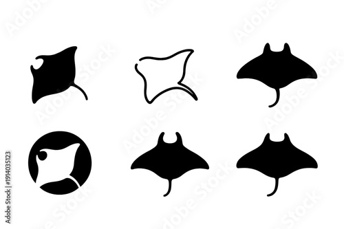 Marine Life Icon Set. Underwater exploration and marine life. Icon set. Set Logo of Underwater exploration and marine life: manta ray gliding. harmonious logo