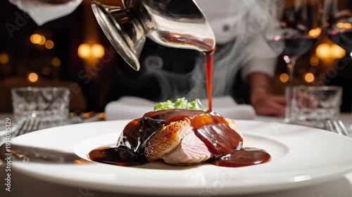 Chef pouring rich sauce over plated chicken dish garnished with greens, elegant dining setting with wine glasses and soft lighting creating a warm atmosphere