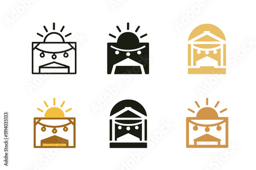 June Concert Logos. June concert outdoors. Icon set. Set Logo of june concert outdoors: sunlit open-air stage with string lights. harmonious logo variations of