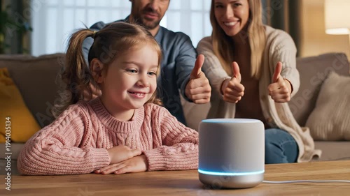 Young girl with pigtails smiles joyfully at smart speaker while parents give thumbs up in cozy living room with soft lighting and comfortable furniture