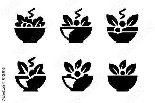 Salad Bowl Logos. Salad bowl. Icon set. Set Logo of salad bowl: salad bowl with dressing drizzle. harmonious logo variations of the same emblematic concept,