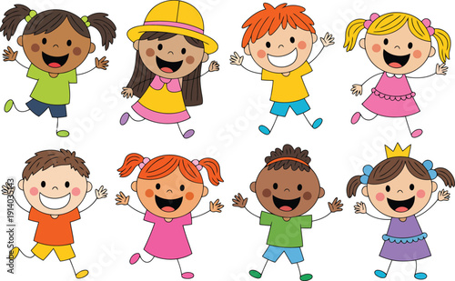 Eight enthusiastic smiling children of different ethnicities are seen joyfully jumping and waving on a white surface