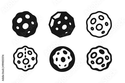 Asteroid Logo Variations. Asteroid belt studies. Icon set. Set Logo of Asteroid belt studies: cratered asteroid surface elevation map. harmonious