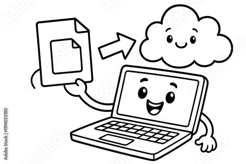 Cheerful Cloud Upload. Uploading to the cloud children?s coloring book illustration, outlined drawing, a cheerful laptop sending a file with an arrow toward a