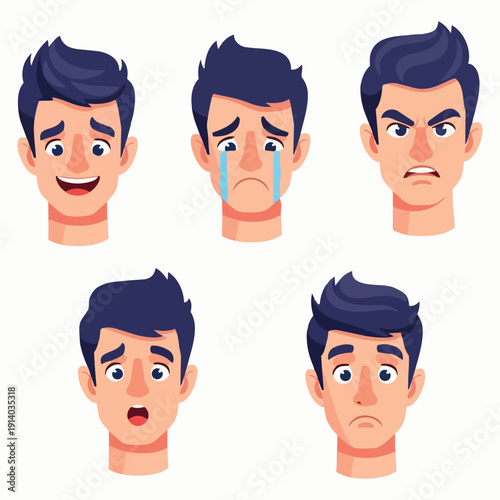 Illustration of various facial expressions of a man showcasing different emotions and reactions