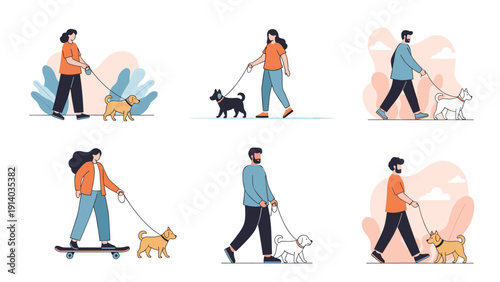 Multiple diverse people walking their different breeds of dogs on leashes, showing pet ownership and daily exercise routines.
