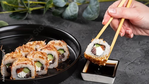 Hand holding chopsticks lifts sushi roll from black plate with soy sauce dish, showcasing delicious sushi preparation and enjoyment in a modern kitchen setting