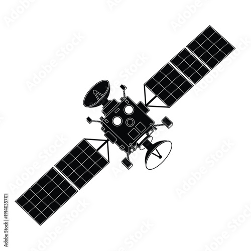 Vector illustration icon black and white illustration of a satellite with solar panels and antennas
