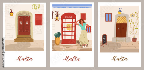 Malta cards set, hand drawn travel vector illustration.