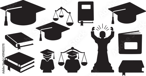 Graduation and Law Icons in Black Silhouette Style Set