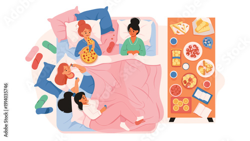 Group of young women having a fun slumber party together in bed, sharing pizza and snacks during a late night gathering.