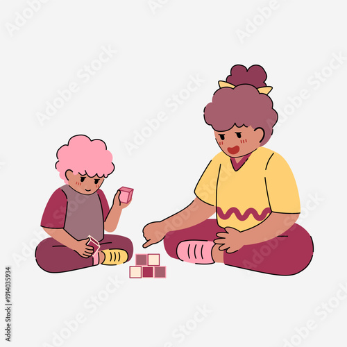 Vector of Mother and Child Playing Building Blocks Illustration. Perfect for Mother’s Day, parenting content, childhood education materials, greeting cards, posters, and family concept designs.