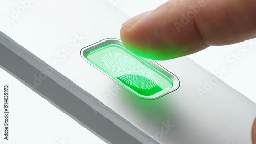 Finger presses fingerprint sensor on a sleek device, activating the recognition process with a green light, followed by a blue light indicating successful authentication