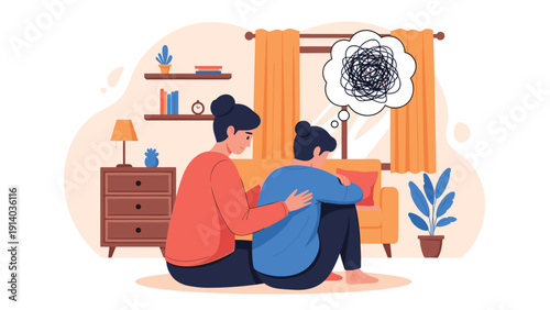 Empathetic woman offers comfort and emotional support to a depressed friend who is struggling with overwhelming negative thoughts.