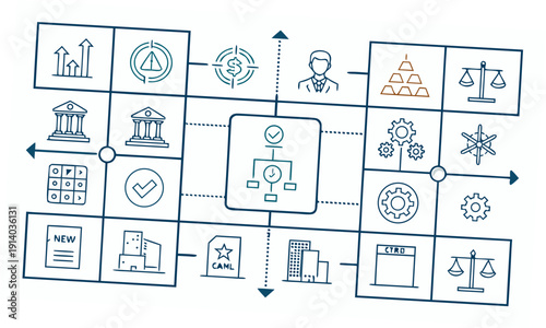 Infographic icons representing governance and justice in a flowchart style
