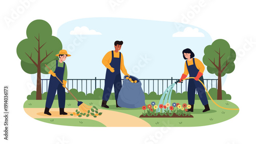 Team of enthusiastic gardeners working together to sweep leaves, collect fruit, and water flowers in a beautiful backyard park.