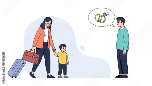 Heartbroken woman and child leave home with suitcases as a sad man looks on, symbolizing a painful family separation or divorce.