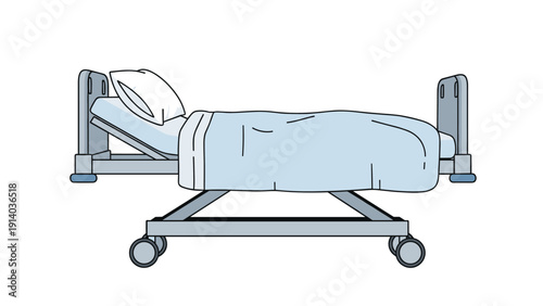 Empty adjustable hospital bed with a blue blanket and white pillow prepared for the next patient in a medical facility.