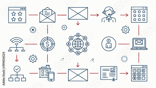Iconography illustrating online transaction process flow with security, technology, communication, finance, and network elements