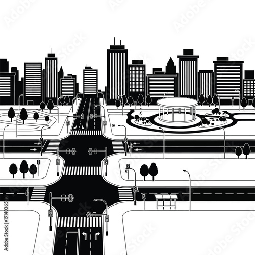 Vector illustration icon black and white cityscape illustration with modern buildings and infrastructure
