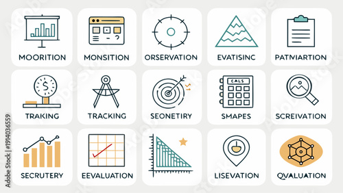Collection of iconography representing various business and technology concepts in a pictogram style