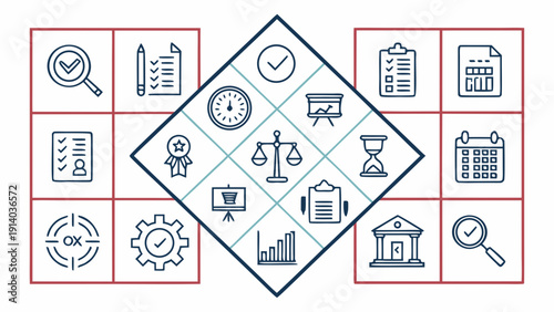 Collection of icons representing business and technology concepts in a grid layout, symbolizing productivity and organization in a modern digital workspace