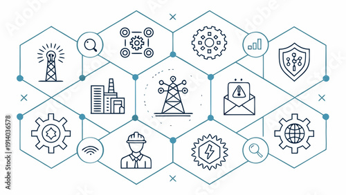 Technology and Industry Icons Representing Modern Infrastructure and Security in a Hexagonal Infographic Layout