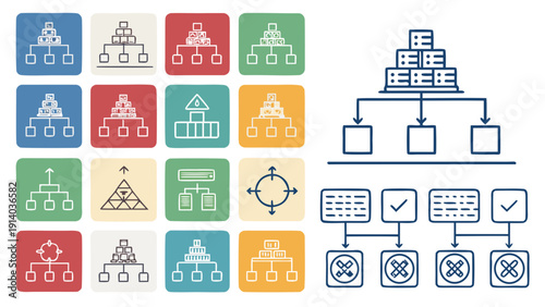 Collection of diverse icons representing various concepts in a grid and flowchart layout, showcasing pictograms and symbolic representations