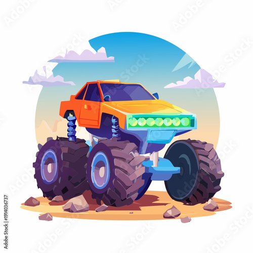 Orange Monster Truck Racing Over Rocks with Clouds in the Background