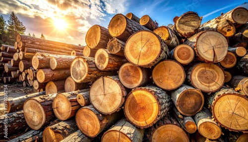 Stacked timber logs at sunrise, representing the core of the forestry industry and essential natural resources for sustainable wood production