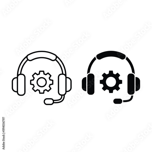 Vector illustration icon headset with gear icon, customer support, helpdesk, and technical assistance concept