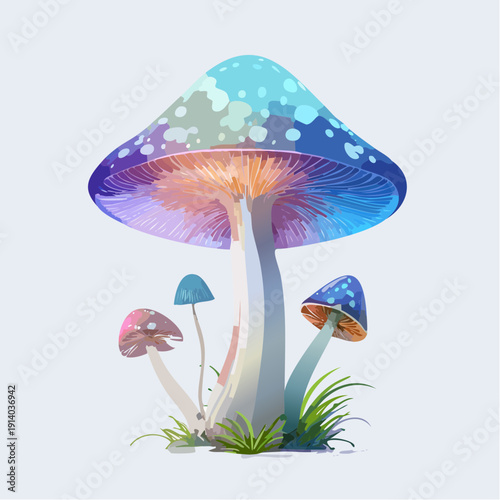 Vibrant fantasy mushroom cluster illustration with glowing, colorful caps and whimsical, magical forest appeal in a dreamy setting