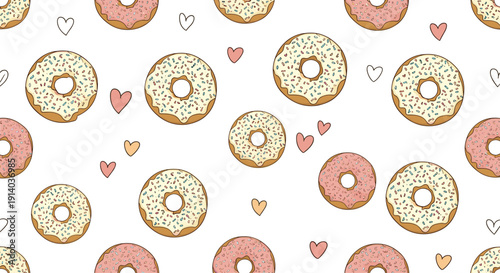 Delicious pink and white glazed donuts with colorful sprinkles are paired with cute hearts in a sweet seamless pattern on white background.
