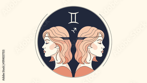 Gemini zodiac sign illustration featuring two identical female profiles facing away from each other within a celestial circle.