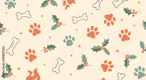 Festive holiday pattern for pets features dog paw prints, treats, and holly sprigs with red berries on a warm beige background for the winter season.
