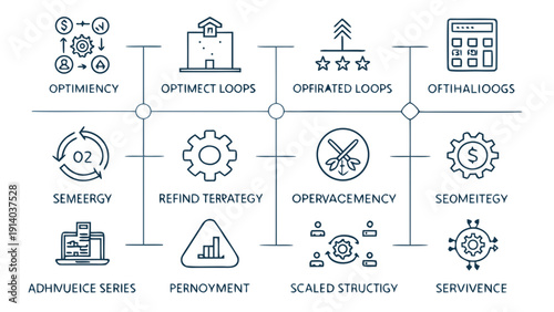 Infographic illustrating business concepts including Optimect, Semergy, Operpacemency, and Servivence in a structured diagram