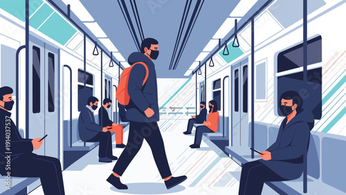 Passengers wearing protective face masks sit and stand inside a modern subway train car, following public health guidelines.