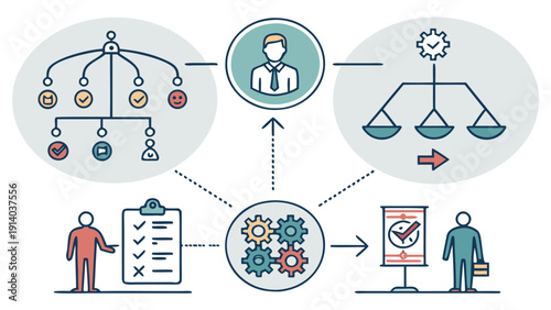 Graphic representation of business workflow and decision-making process involving scales and gears